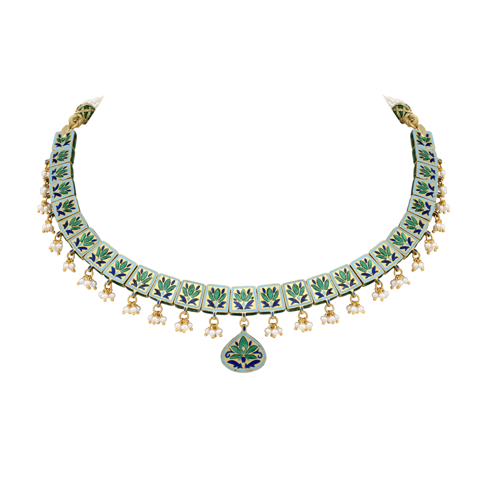 Green Meenakari Necklace with Polkis and Pearl Cheed Drops
